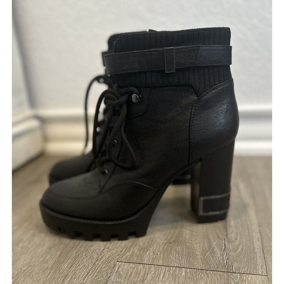 New Antonio Melani 9.5 Perline Leather Lac Up Platform Heel Booties Black - Picture 4 of 7